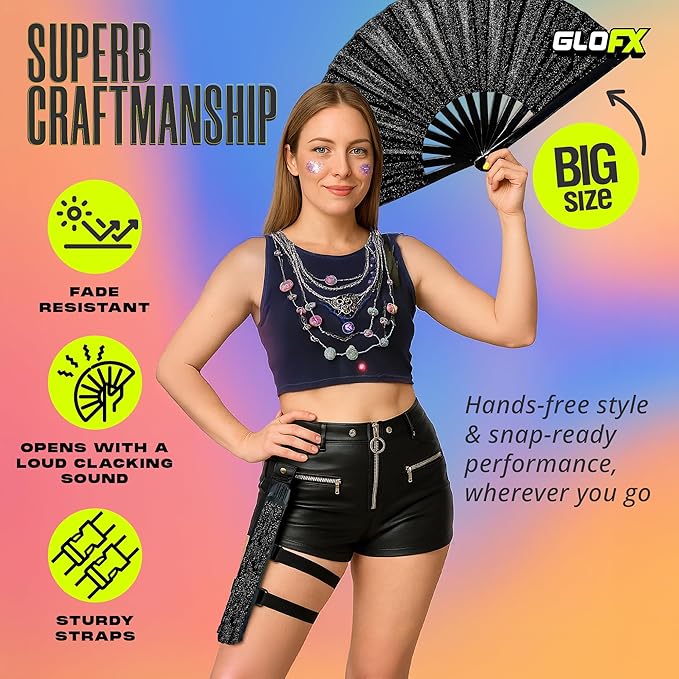 Black Glitter Folding Fan with Holster – Large Handheld Folding Fan with Loud Snap for Festival, Line Dancing, Drag, and Performance – Includes Matching Glitter Belt Holster