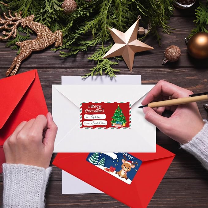 500 PCS Christmas Gift Tags, Self Adhesive Santa Claus Stickers, Festive Holiday Name Labels for Wrapping Paper Presents Decor, 6 Designs