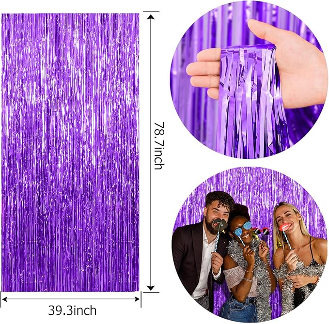 2 Pack Foil Curtain Backdrop Purple Metallic Tinsel Foil Fringe Curtains Photo Booth Props for Birthday Wedding Engagement Baby Shower Bachelorette Christmas Holiday Celebration Party Decorations