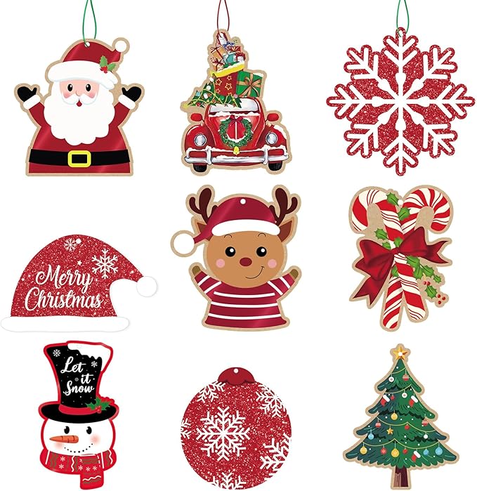 Christmas Gift Tags, 63Pcs Christmas Hanging Labels with String, Christmas Name Tags for Gifts, Glitter Foil Printed Xmas Gift Tags, Santa Snowman Gift Labels for DIY Xmas Holiday Present Wrapping
