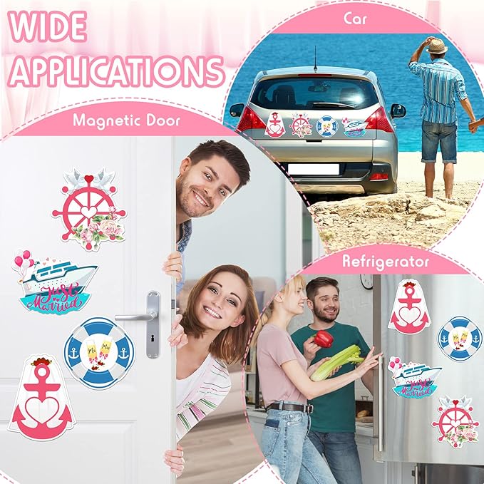 Xuhal 4 Pcs Just Married Cruise Door Decorations Wedding Honeymoon Cruise Door Magnets Just Married Car Decoration Anchor Life Preserver Magnet Carnival Car Locker Refrigerator