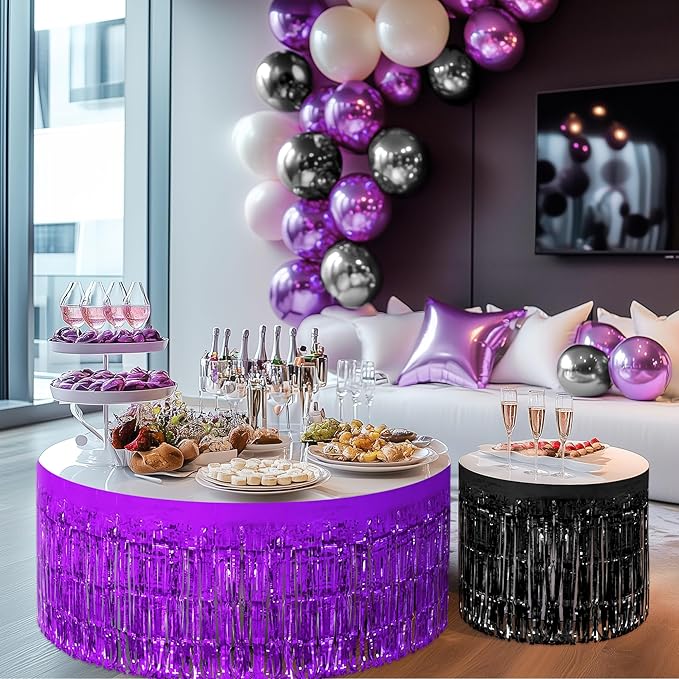 3 Pack Black Dark Purple Orange Table Skirts, 29x108" Metallic Foil Tinsel Fringe Table Skirt for Rectangle Tables Streamer Curtains Backdrop, Party Decorations for Birthdays, Weddings, Holidays