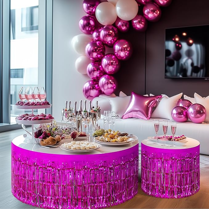 2 Pack Rose Red Table Skirts, 29x108" Metallic Foil Tinsel Fringe Table Skirts for Rectangle Tables Streamer Curtains Backdrop, Party Decorations for Birthdays Weddings Holidays