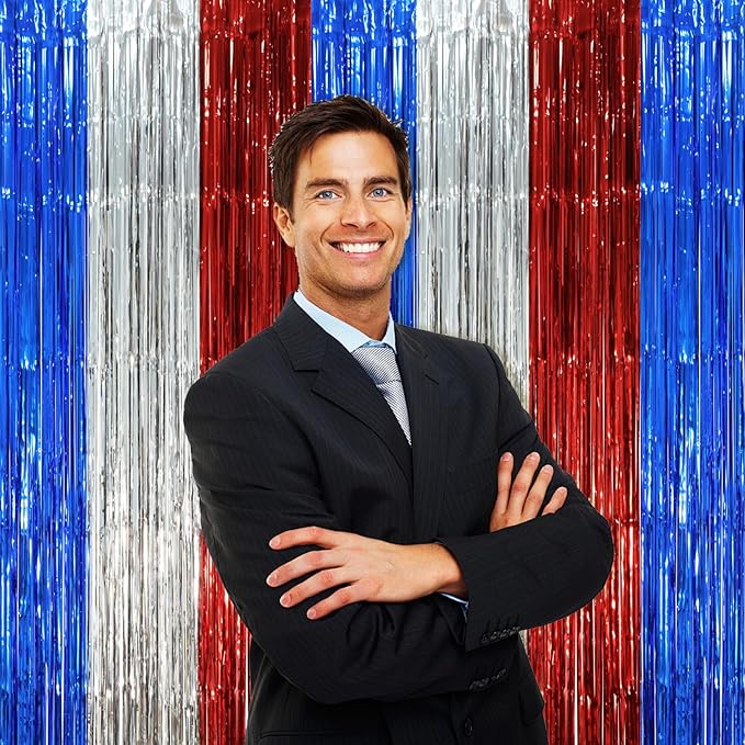 3 Pack 3.3 x 8.2 ft Blue Red Silver Foil Fringe Backdrop Curtains, Tinsel Streamers Party Decorations, Fringe Backdrop, Door Shimmer for Independence Day or Birthday Party