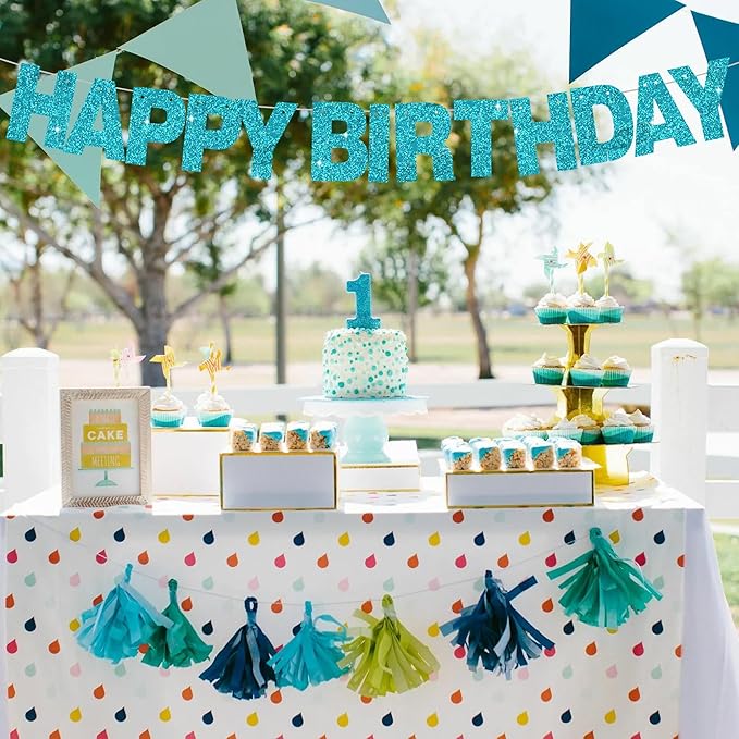 BEISHIDA 116 PCS A-Z Glitter Lake Blue DIY Letter Banner Kit Make Your Own Banner,Including 111 Letters and Numbers 3 Rope and 2 Threading Device,Customized for Birthday Graduation Wedding Party Decor