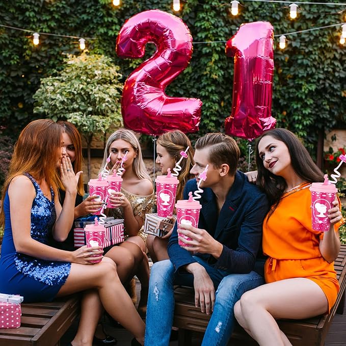 Yungyan 36 Sets Hot Pink Girl Party Favors Goodie Cups with Lids and Straws for Birthday Decorations Reusable 16oz Plastic Candy Cups Plastic Straws for Birthday Party (Pink Princess)