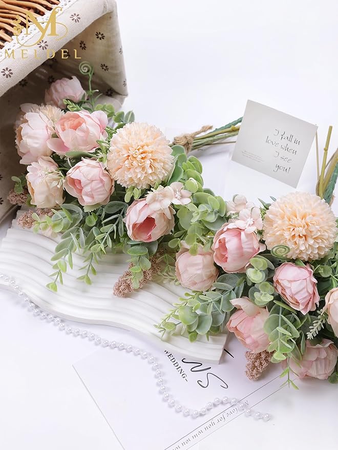 Meldel 3Pcs Peony Bouquet Light Pink Champagne Rose Artificial Flowers Eucalyptus Plants Silk Flower Arrangements Wedding Bouquets Decorations Plastic Floral Centerpieces for Home Kitchen Party Decor