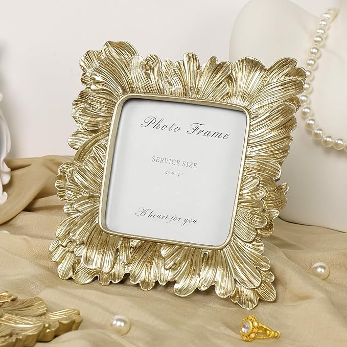 Cuspin Gold Picture Frames 4x4, Vintage Gold Resin Photo Frame Palm Leaves Textured with Glass Front, Elegant Retro Square Frame for Wall and Tabletop Display Home Decor