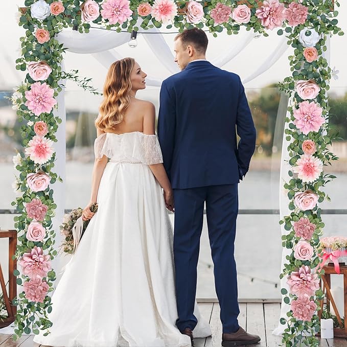Waipfaru 2 Pcs Flower Garland, 12.14ft Eucalyptus Garland Vines with Flowers for Wedding Reception Table Mantle Spring Room Decor (Rose Pink)