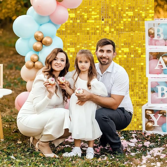 12PCS Gold Shimmer Wall Backdrop, Square Sequin Photo Backdrops Panel, Glitter Wall Background for Birthdays, Weddings, Graduation, Engagements, Disco Bachelorette Party Decoration (3FTx4FT)