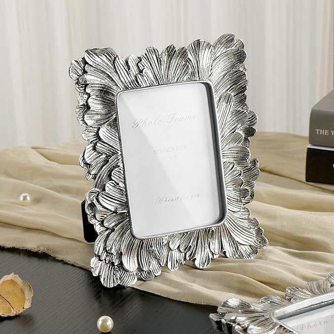 Silver 3x5 Picture Frame, Vintage Silver Palm Leaves Textured Hand-Crafted Resin with Glass Front, Small Frames Elegant Retro Rustic Design for Wall and Tabletop Display Home Decor