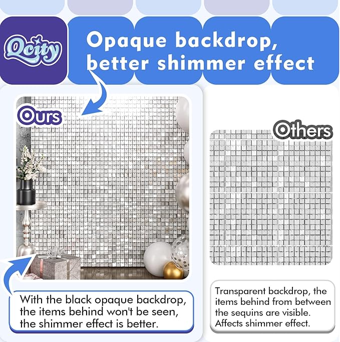Qcity Matte White Sequin Wall Backdrop 24PCS, Black Back Not See-Through Design, Square Sequin Glitter Backdrop Panel, Perfect for Outdoor Events, Birthdays, Wedding and Party Decoration