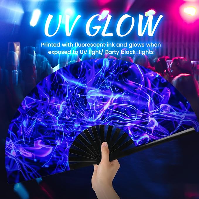 SYNTECSO Folding Hand Fan for Rave, Popping Fan for Line Dancing, Drag Queen, Women and Men Gift,Chinese Japanese UV Glow Clack Fan for Parties, Music Festivals, EDM and Decoration