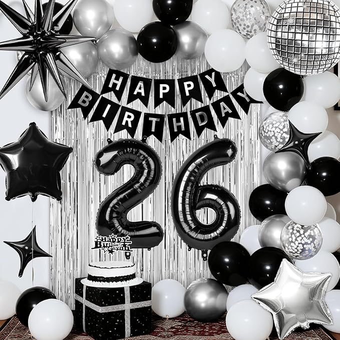 26th Birthday Decorations for Men Women, Black Silver Happy Birthday Party Decorations, 26 Year Old Party Supplies with Number 26 Balloons, Banner, Fringe Curtains Kit