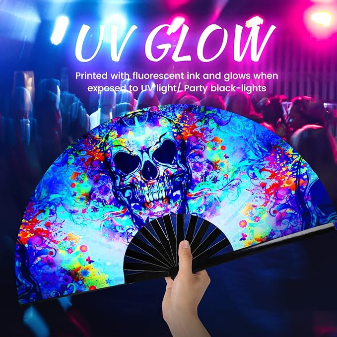 SYNTECSO Folding Hand Fan for Rave, UV Glow Fan, Large Bamboo Fan for Drag Queen, Women and Men Gift,Chinese Japanese Clack Fan for Parties, Music Festivals, EDM and Decoration