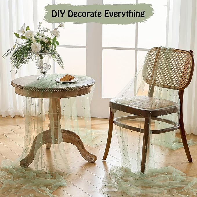 Fanami 3 Pack Pearl Table Runner -10FT Sage Green Boho Tulle Table Runners 120 Inches Long Rustic Sheer Lace Fabric Centerpieces for Wedding Arch Birthday Party Bridal Veil Baby Shower Decorations