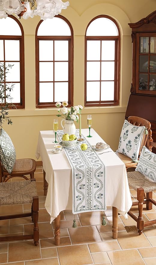 ISAENNE Designer White Elegant Linen Table Runner 102 Inches Long,Chinoiserie Floral Decor Durable Table Runners for Dining Tables,Thanksgiving,Kitchen Tables,Christmas,12"*102"-Mosella D