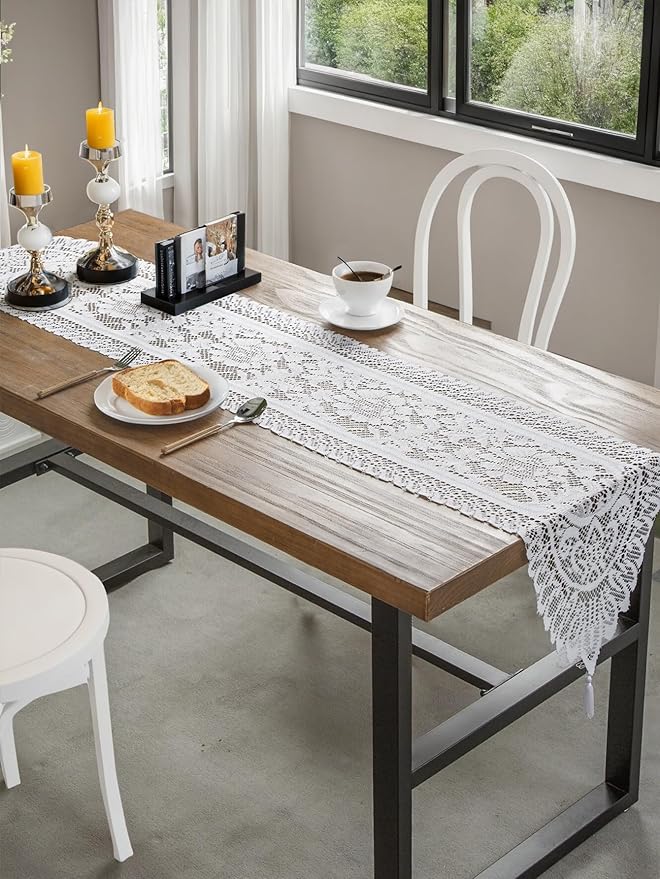 Jayla White Lace Table Runners, Elegant Vintage Lace Table Runner, Wedding Lace Decor with Floral Embroidery,Tea Party Decor, 13x36 Inch