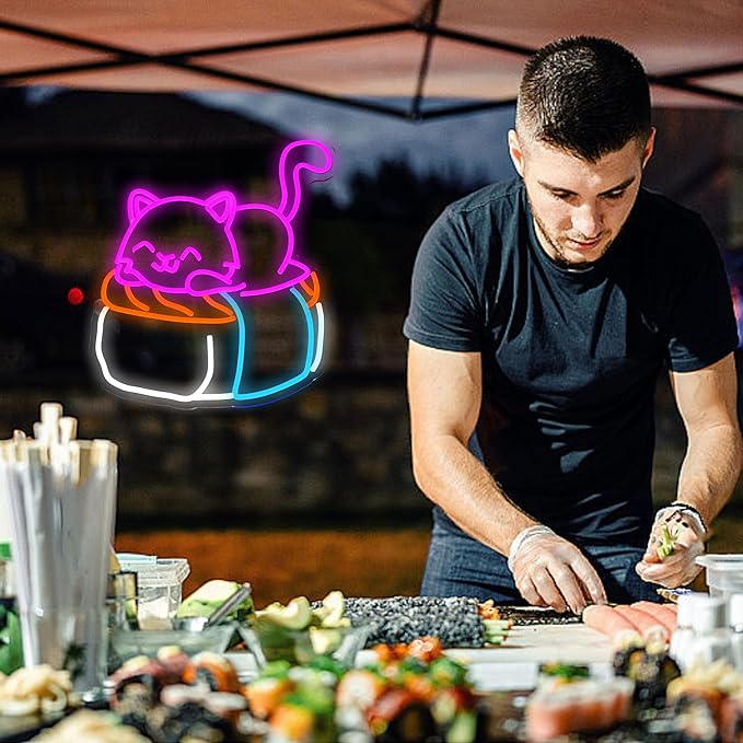 Sushi Cat Neon Sign Delicious Japanese Sushi LED Light Sign for Wall Decor Dimmable Cute Cat Neon Light for Sushi Shop Japanese Restaurant Kitchen Supermarket Cafe Bar home Party Girl Boy