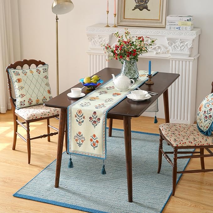 ISAENNE Designer Light Green Linen Table Runner 87 Inches Long,French Floral Patterns Elegant Table Runner for Dining Tables,Thanksgiving,Kitchen Tables,Christmas,12"*87"-Floralsea B