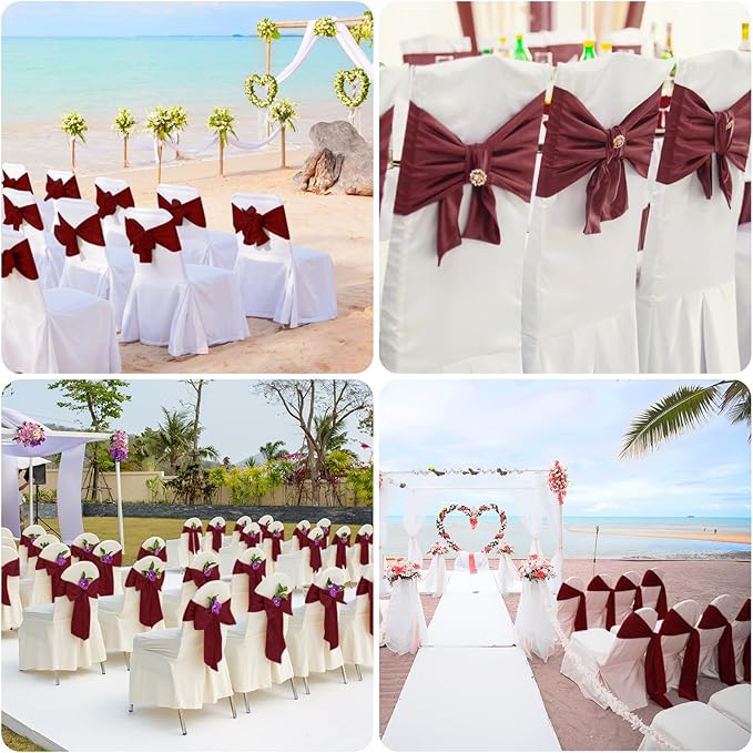 10 PCS Burgundy Satin Chair Sashes Bows Universal Chair Ribbon Ties Back Sash for Wedding Party Reception Events Banquets Hotel Event Chair Cover Decoration (7x108 inch)