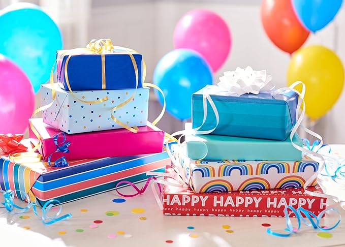 American Greetings 160 sq. ft. Reversible Wrapping Paper Set for Birthdays and All Occasions, Rainbow, Polka Dots, Stripes and Ombre (4 Rolls, 30 in. x 16 ft. each)
