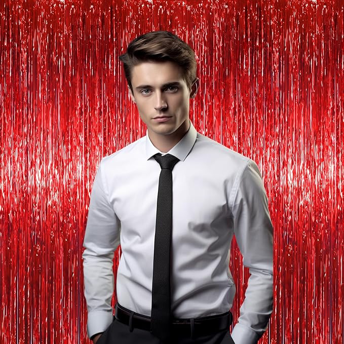 3 Pack 3.3 x 6.6 ft Red Foil Fringe Backdrop Curtains, Tinsel Streamers Party Decorations, Fringe Backdrop for Birthday, Baby Shower, Gender Reveal, Graduation