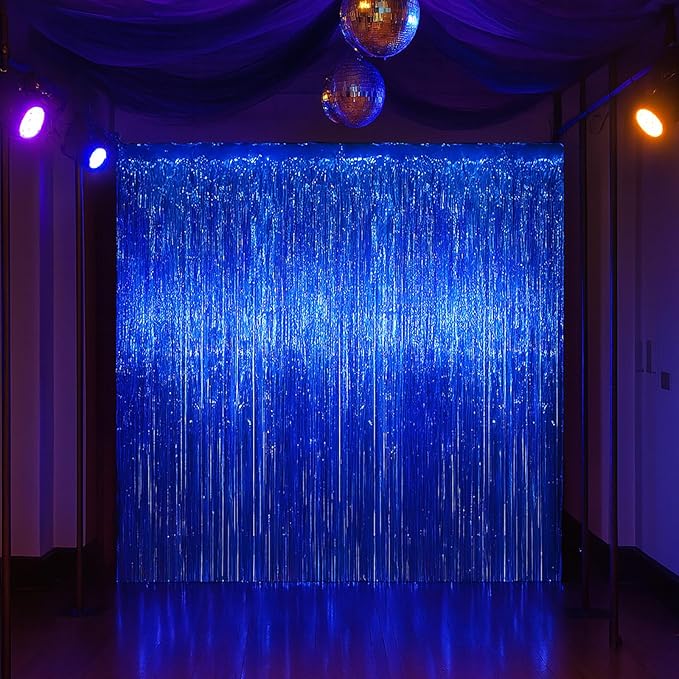 3 Pack 3.3x8.2 Feet Blue Foil Fringe Backdrop Curtains, Tinsel Streamers Birthday Party Decorations, Fringe Backdrop for Graduation, Baby Shower, Gender Reveal, Disco Party