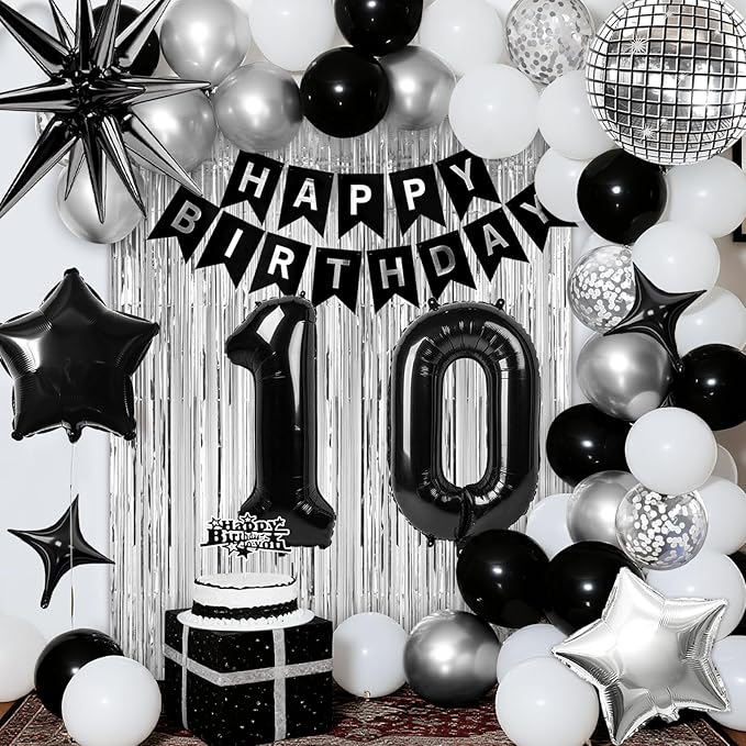 10th Birthday Decorations for Boys Girls, Black Silver Happy Birthday Party Decorations, 10 Year Old Party Supplies with Number 10 Balloons, Banner, Fringe Curtains Kit