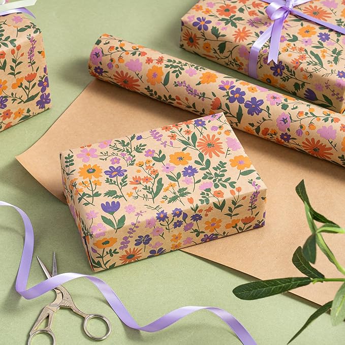 WRAPAHOLIC Kraft Floral Wrapping Paper Roll - Mini Roll - 17 Inch x 33 Feet - Vintage Flower Wrapping Paper, Perfect for Wedding, Birthday, Bridal Shower, Tea Party