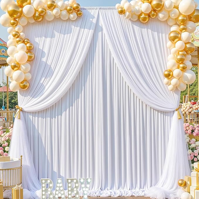 50ft x 15ft White Wrinkle Free Backdrop Curtains for Parties,Silky Polyester Fabric Wedding Ceiling Drapes, 10 Panels 15ft Photo Back Drop Drapes for Baby Shower Photography Stage Background Cloth