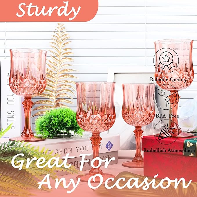 Plastic Wine Glasses,Plastic Goblets Vintage Style Cordial Drinking Glasses for Wedding Reception, Grand Event Party Supplies (24, Rose Gold)