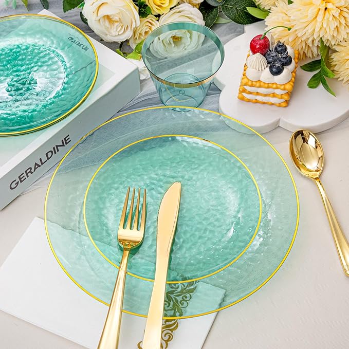 Rubtlamp 175 Pcs Green Plastic Plates Dinnerware Set (25 Guests), Hammered Plates Sets, Green Plastic Party Plates Set include 50 Disposable Plates Set, 75 Gold Plastic Silverware, 25 Cups 25 Napkins