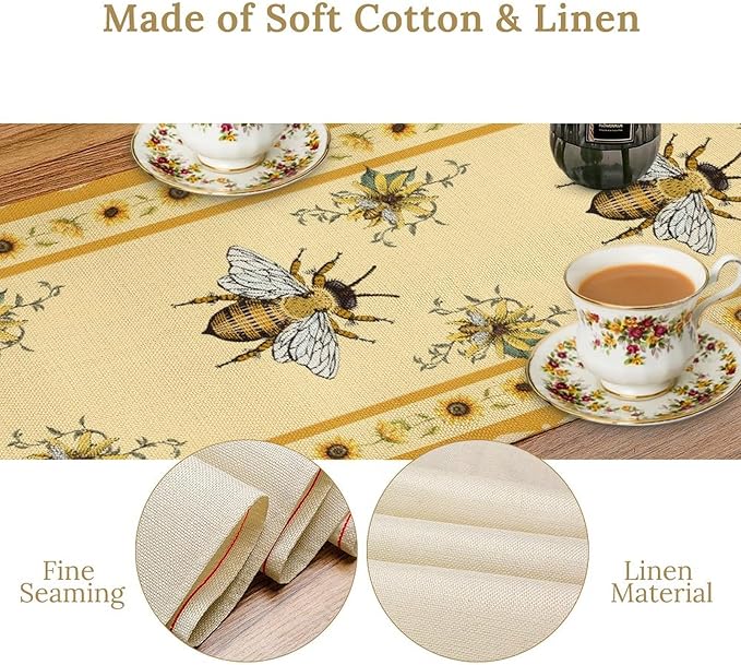Honey Bee Table Runner, Farmhouse Yellow Sunflower Retro Summer Linen Tables Runners for Kitchen Dining Table Home Party Decor, 13x120inch