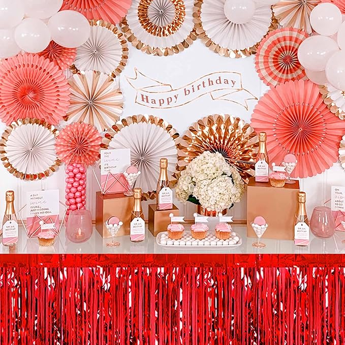 3 Pack 29 x108 Inch Red Foil Fringe Table Skirts Metallic Banner for Tinsel Streamer Garland Backdrop for Parade Floats Mother's Day, Graduate, Birthday, Wedding Party Decoration