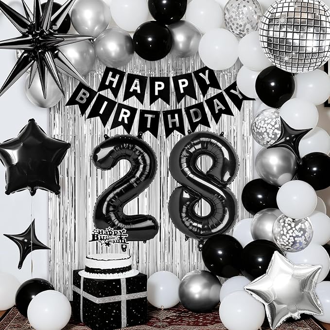 28th Birthday Decorations for Men Women, Black Silver Happy Birthday Party Decorations, 28 Year Old Party Supplies with Number 28 Balloons, Banner, Fringe Curtains Kit