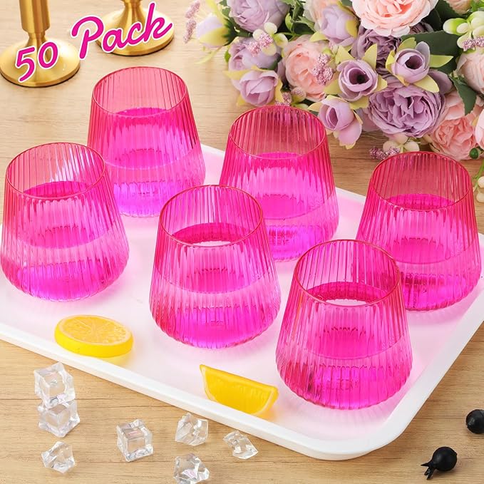 Suclain 50 Pcs Plastic Wine Glasses Ribbed Stemless Wine Glasses 14oz Vertical Design Unbreakable Cups for Outdoor Indoor Vintage Elegant Champagne Whiskey Cups for Party Wedding (Hot Pink)