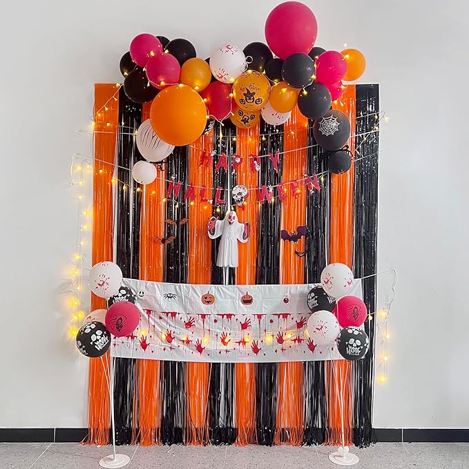 Melsan Halloween Decorations Tinsel Backdrop Foil Fringe Curtains, 3.2 ft x 8.2 ft Black Orange Metallic Foil Curtains for Halloween Party Photo Booth Props Decorations, 2 Pack