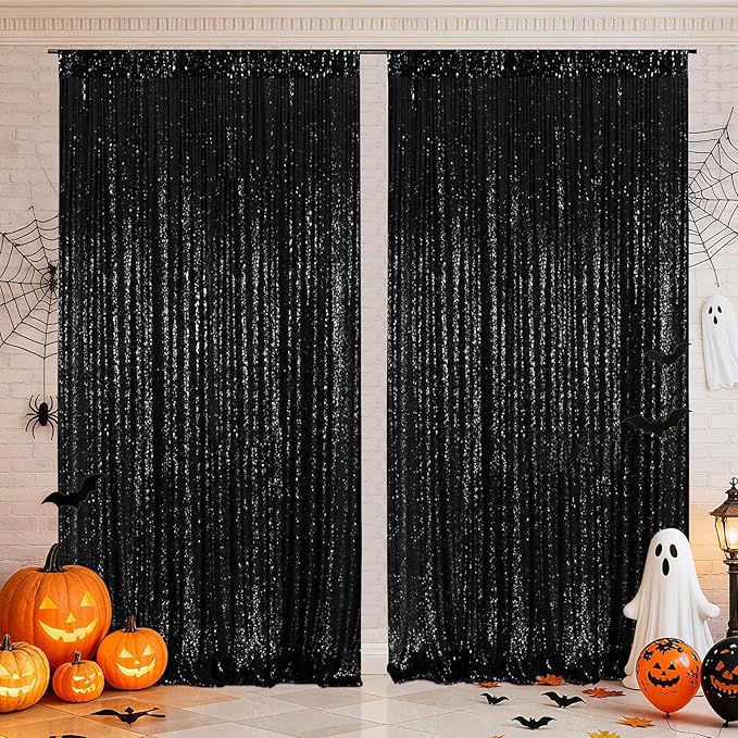 Poise3EHome Black Sequin Backdrop Curtain, 2 PCS 5FT x 10FT Sequin Backdrop Panels,Black Curtains for Photography Party Birthday Halloween Backdrop