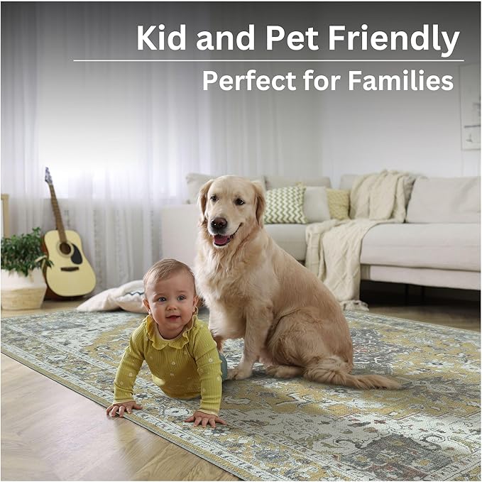 Bloom Rugs Washable Non-Slip 5' x 7' Rug - Yellow Traditional Medallion Area Rug for Living Room, Bedroom, Dining Room, and Kitchen - Exact Size: 5' x 7'