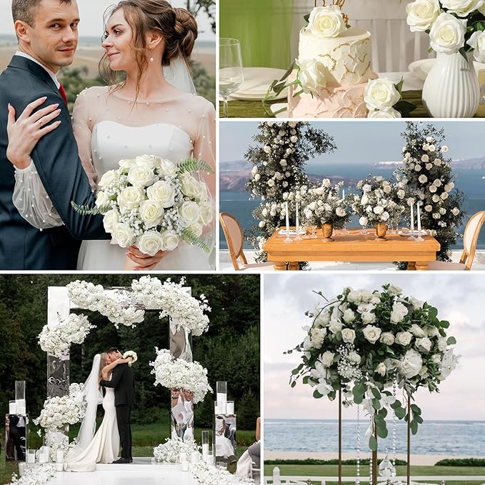 Tifuly White Roses Artificial Flowers -12 pcs Realistic Single Long Stem Fake Silk Roses Bouquet for Party Home Wedding Centerpiece Office DIY Decor(Off White)