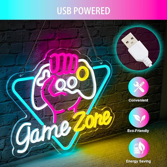 Game Zone Neon Sign Dimmable Gamer Neon Signs Gaming Led Signs for Game Room, USB Powered Colorful Neon Gaming Signs for Boys Room, Teen Room, Gifts for Gamer(15.3âx12.5â)