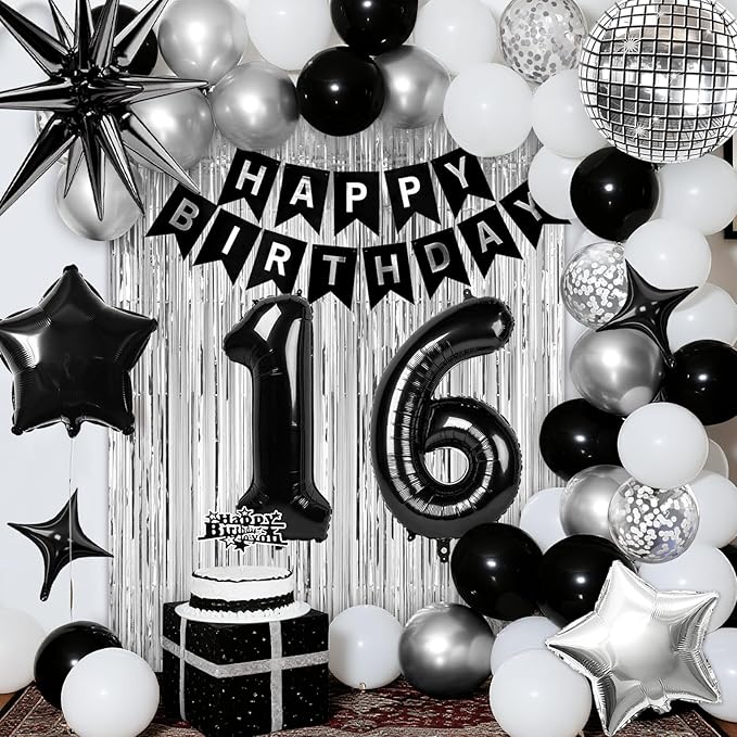 16th Birthday Decorations for Boys Girls, Black Silver Happy Birthday Party Decorations, 16 Year Old Party Supplies with Number 16 Balloons, Banner, Fringe Curtains Kit