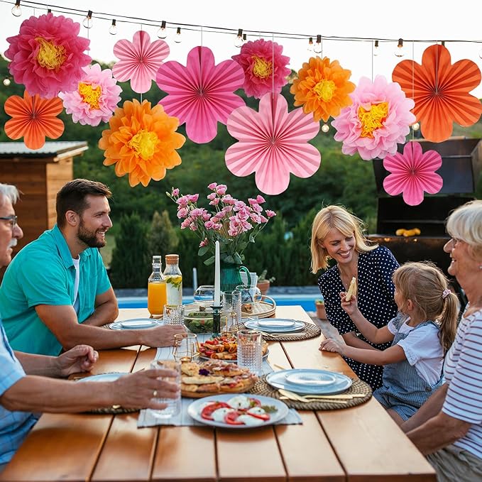 12PCS Paper Flowers Fans Orange and Hot Pink Party Decorations Tissue Paper Flowers Decorations for Girl Groovy Birthday Baby Shower Wedding Bachelorette Room Wall Hanging Décor