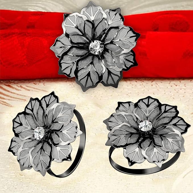 KPOSIYA Flower Napkin Rings Holder Metal Black Napkin Rings Set of 6 for Wedding Party Holiday Banquet Christmas Dinner Delicate Serviette Buckles Decor Favor (6, Black)