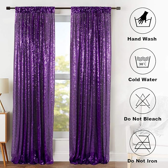 ShinyBeauty Purple 4FTx8FT Sequin Photo Backdrop Bridal Shower Photo Booth Backdrop Royal Purple Sequin Curtains 2 Panels