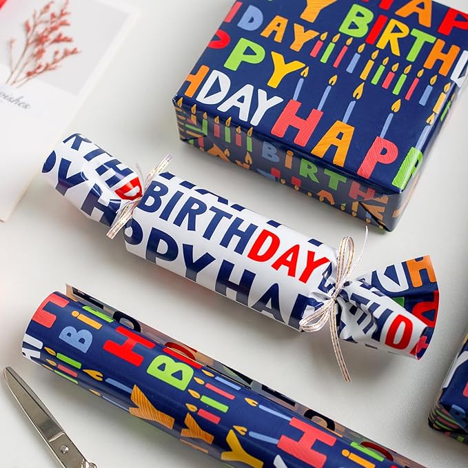 Birthday Wrapping Paper Roll - 30 Inch X 33 Feet - Reversible Metallic Foil Navy Blue Party Hat Theme Boy Gift Wrap Paper Blue Polka Dot Men Present Sheet for Kid Birthday, Party, Holiday, Celebration