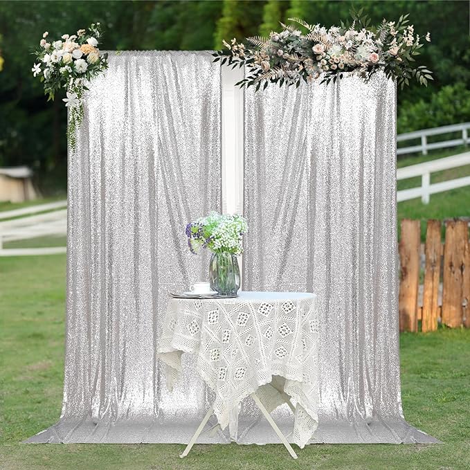 PartyDelight Sequin Backdrop Curtains 2 Panels Silver 5Ft x 10Ft Photograph Back Drop Wedding Curtain Special Events