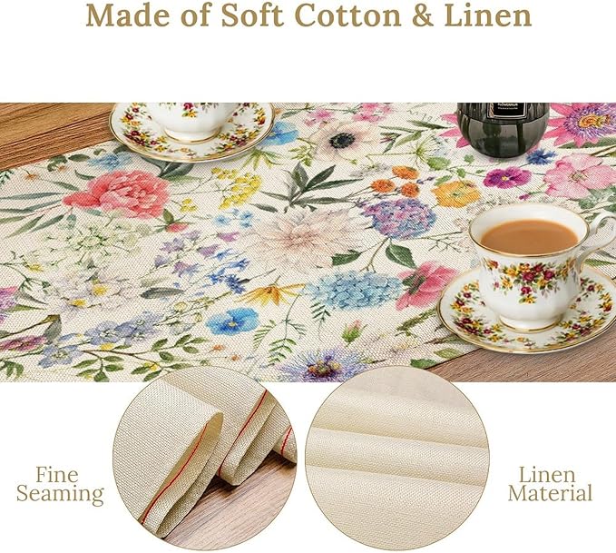 Floral Table Runner Watercolor Peony Rose Flower Kitchen Table Decoration for Indoor and Outdoor Wedding Party 13x70 Inch