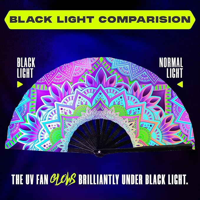 GloFX UV Glow Mandala Rave Handheld Fan - Teal, Pink, Purple & Green Design - Large Folding Fan for Festival Fashion, Essential Rave Accessories for Women, Foldable Hand Fan for Music Festival Outfits